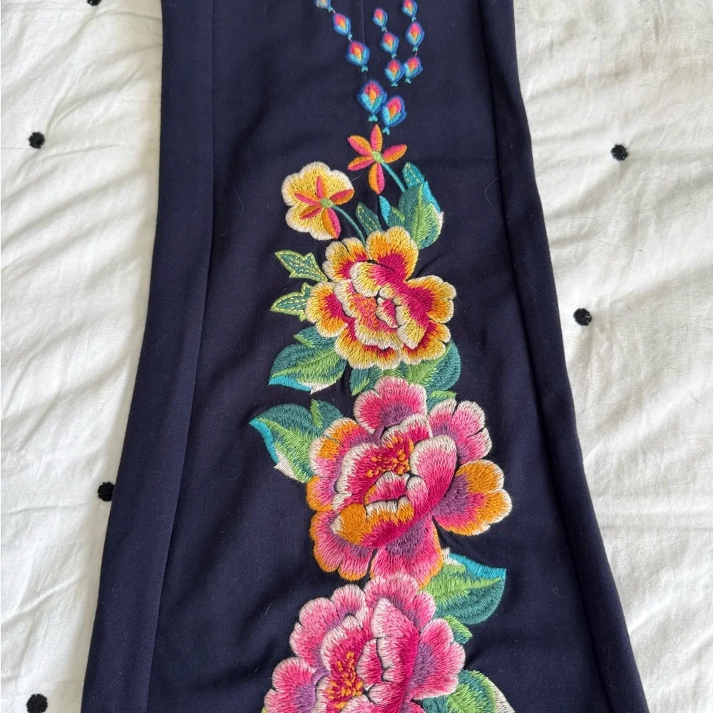 Johnny Was Black Straight-Leg Pants with Floral Embroidery